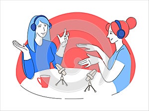 Radio host doodle drawing. Female podcaster speaking to mic microphone