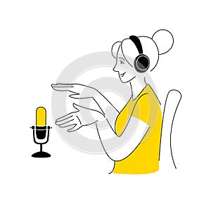 Radio host doodle drawing. Female podcaster speaking to mic microphone