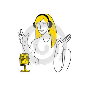 Radio host doodle drawing. Female podcaster speaking to mic microphone