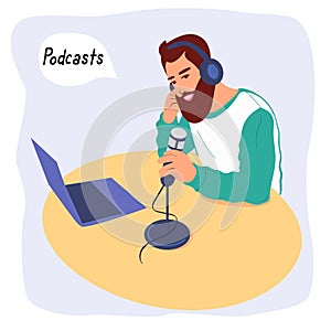 The radio host guy is recording a podcast. a radio host broadcasts in the media