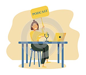 Radio host with table flat vector illustration. Media hosting doodle drawing. Female podcaster holding nameplate with podcast