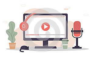 Radio host workplace. Podcast app concept on computer.