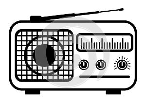 Radio icon. Radio in outline style with antenna, isolated on white background. Thin line logo for podcast. Vector