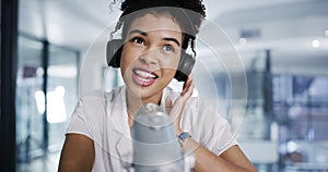 Radio, journalist and podcast host with microphone and headphones in office, broadcast studio or press room. Portrait of