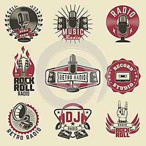 Radio labels. Retro radio, record studio, rock and roll radio