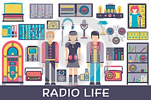 Radio life day collection icon set. Old school tv equpment and workspace in office with Dj presenter man and woman