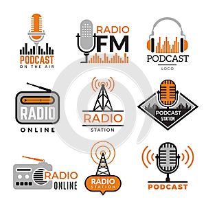 Radio logo. Podcast towers wireless badges radio station symbols vector collection