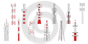 Radio masts. Telecom transmitter towers, television and broadcasting antenna telecommunication satellite signal network