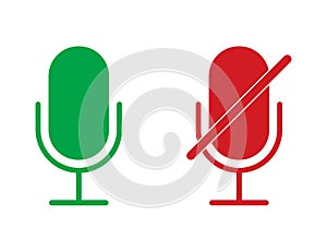 Radio microphone icons in red and green colors. Isolated record equipment. Sound mic for karaoke. Broadcast voice symbol photo