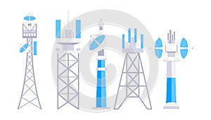 Radio, Mobile tower and antennas. Internet network. Communication towers set. Satellite antenna