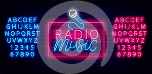Radio music neon label. On air. Frame with microphone. Online streaming concept. Event design. Vector stock illustration