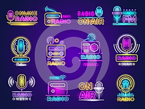 Radio neon. Broadcasting glow effect colored logo music show studio emblem live transmission vector