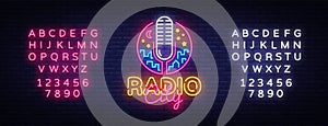 Radio Neon Logo Vector. Radio City neon sign, design template, modern trend design, night neon signboard, night bright
