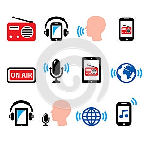 Radio, online podcast app on smartphone and tablet vector icon