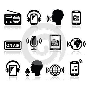 Radio, podcast app on smartphone and tablet icons set