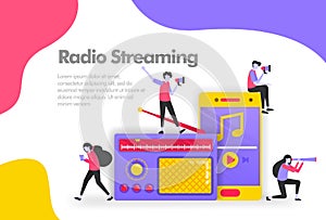 Radio podcast Illustration Concept, listen old music with a mobile player. Modern flat design concept for Landing page website,