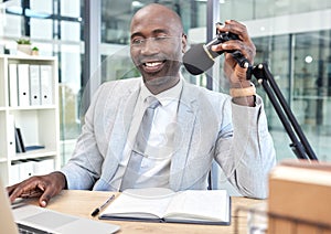 Radio podcast, laptop or black man with microphone interview, networking or communication in office studio. Speaker