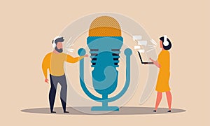Radio podcast with man and woman. Interview with headphone headset on air speech microphone vector illustration concept. Live news