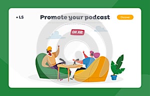 Radio or Podcast Streaming Landing Page Template. Radio Dj Characters in Headset Speak to Microphones, Broadcast Program