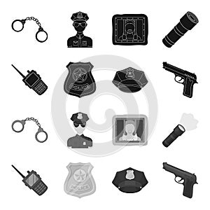 Radio, police officer badge, uniform cap, pistol.Police set collection icons in black,monochrome style vector symbol