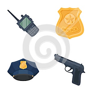 Radio, police officer`s badge, uniform cap, pistol.Police set collection icons in cartoon style vector symbol stock