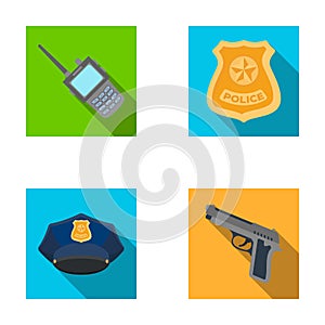 Radio, police officer`s badge, uniform cap, pistol.Police set collection icons in flat style vector symbol stock