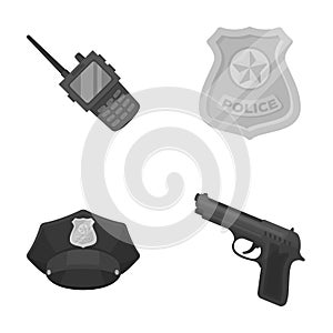 Radio, police officer s badge, uniform cap, pistol.Police set collection icons in monochrome style vector symbol stock