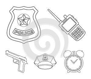 Radio, police officer`s badge, uniform cap, pistol.Police set collection icons in outline style vector symbol stock