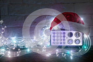 Radio receiver in retro style with Christmas decorations