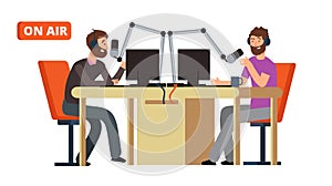 Radio show. Broadcasting radio dj talking with microphones on air. Vector concept