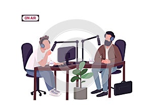 Radio show host and guest flat color vector faceless characters