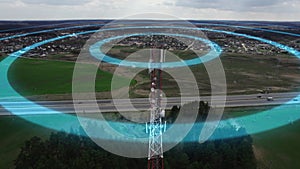 Radio signal from the cellular antenna spreads in all directions. Visualization of radio waves transmitted by a radio