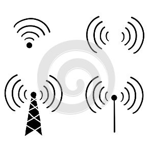 Radio signals waves and light rays, radar, wifi, antenna and satellite signal symbols handdrawn doodle style vector