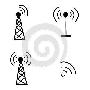 Radio signals waves and light rays, radar, wifi, antenna and satellite signal symbols handdrawn doodle style vector