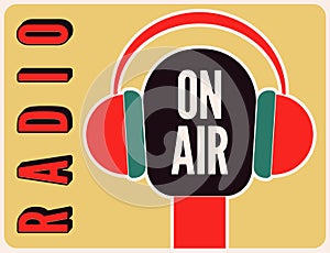 Radio station on air typographic poster with microphone and headphones. Retro vector illustration.