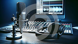 Radio Station Microphone in Recording Studio, Close-up View of Broadcast Room Equipment, Professional Radio Host Workplace.