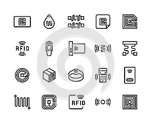 Radio tag line icons. Wireless RFID chip and radio-frequency identification, wireless antenna and electric circuit photo