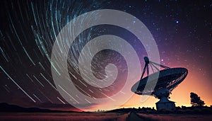 Radio telescope antenna radio receiver on beautiful night sky with star trails copy space