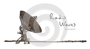 Radio telescope dishes antenna. Vector sketch draw