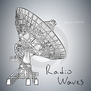 Radio telescope dishes antenna. Vector sketch draw