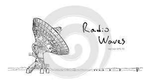 Radio telescope dishes antenna. Vector sketch draw