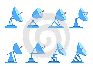 Radio telescope icon set isolated on white background. Parabolic antenna. Satellite dish. Satellite antenna various types. Icon