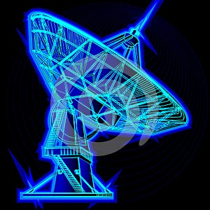 Radio telescope, parabolic antenna. On a black background, neon colors.