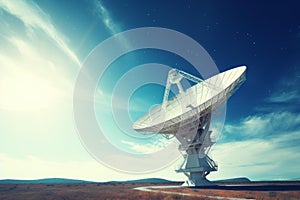 Radio telescope pointing sky at field background. Generate Ai