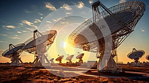 Radio telescopes aligned in the sky at sunset