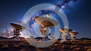 Radio telescopes or satellite dishes and the milky way at night