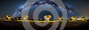 Radio telescopes or satellite dishes and the milky way at night