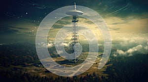 A radio tower emitting signals across the airwaves, symbolizing the transmission of information over long distances