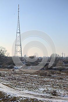 Radio tower in Magdeburg, Germany, in a winter landscape