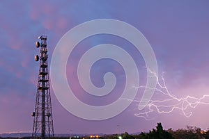 Radio tower in Queensland during a lightning storm.